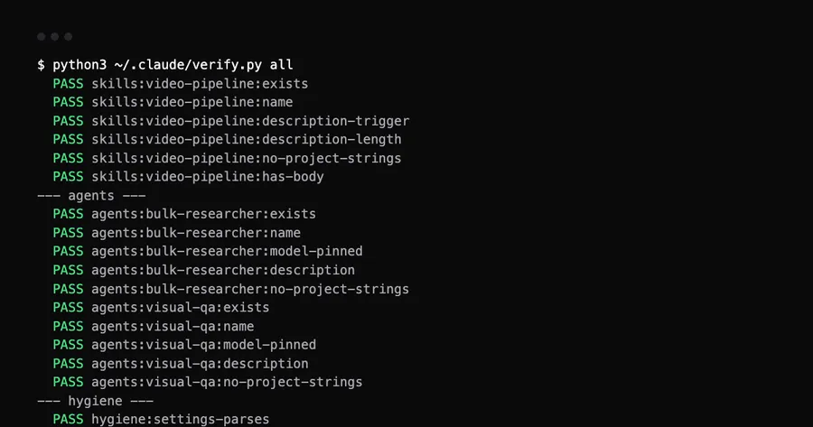 Terminal output of the verification script showing PASS lines and zero failing checks