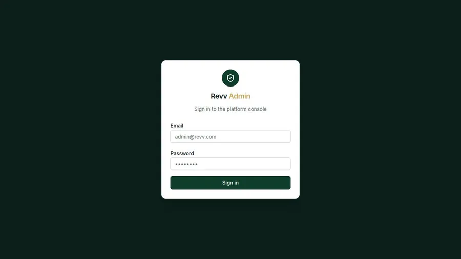 The Revv admin console sign-in screen