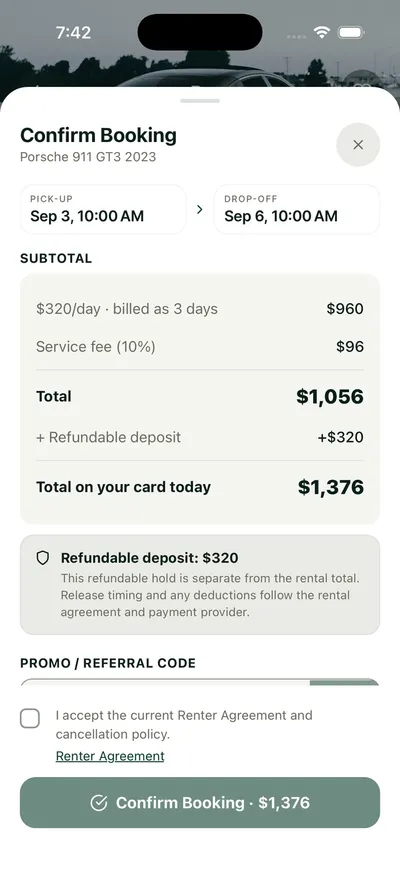 Booking confirmation sheet with subtotal, service fee, deposit and total