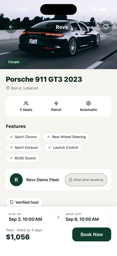 Vehicle detail screen for a Porsche 911 GT3 with features, host and price