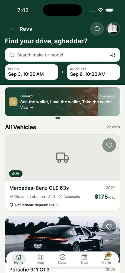 Revv home screen with search, pick-up and drop-off dates and a vehicle list
