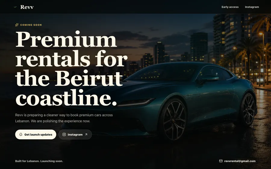 The revvrental.com landing page with a coming soon headline over a night-time car photo