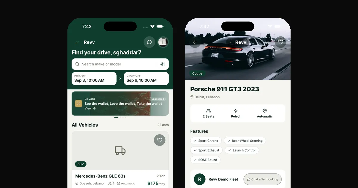 Two screens from the Revv renter app: the home search and a Porsche 911 GT3 listing